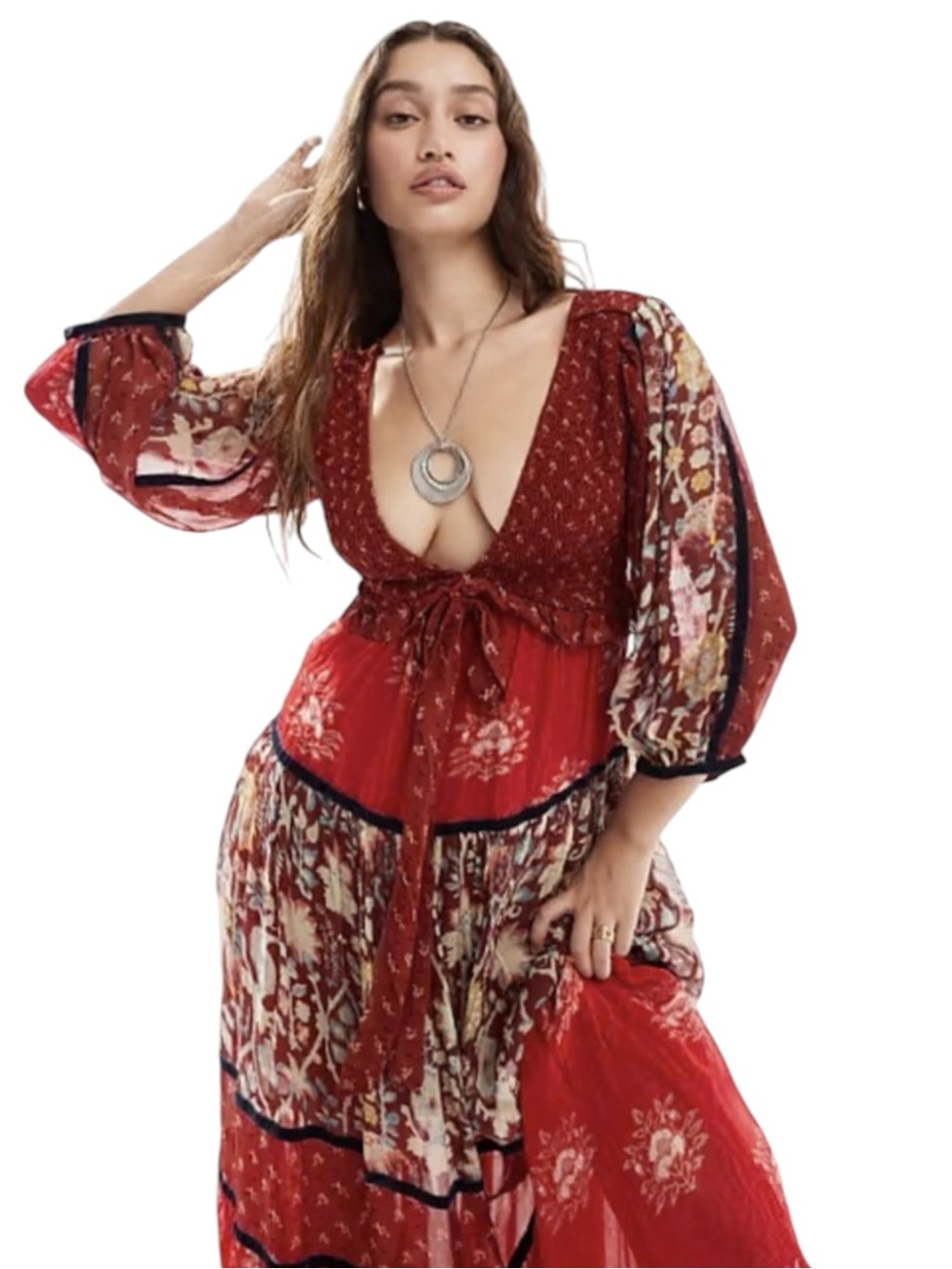 LAST 1!! Free People Bali Laurel Bohemian Long Sleeve Red Maxi Dress - $298 - Picture 4 of 13